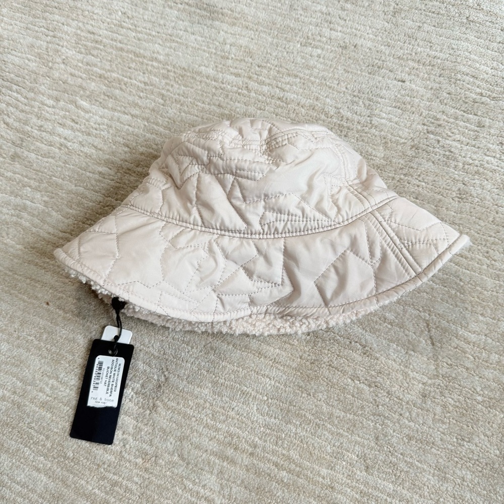 Rag & Bone Reversible Beige Sherpa and Quilted Nylon Addison Bucket Hat - Picture 11 of 13